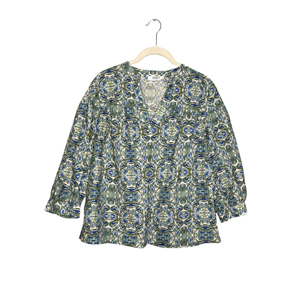 Avara Blouse Womens Large Multicolor Geometric V Neck 3/4 Balloon Sleeve Top